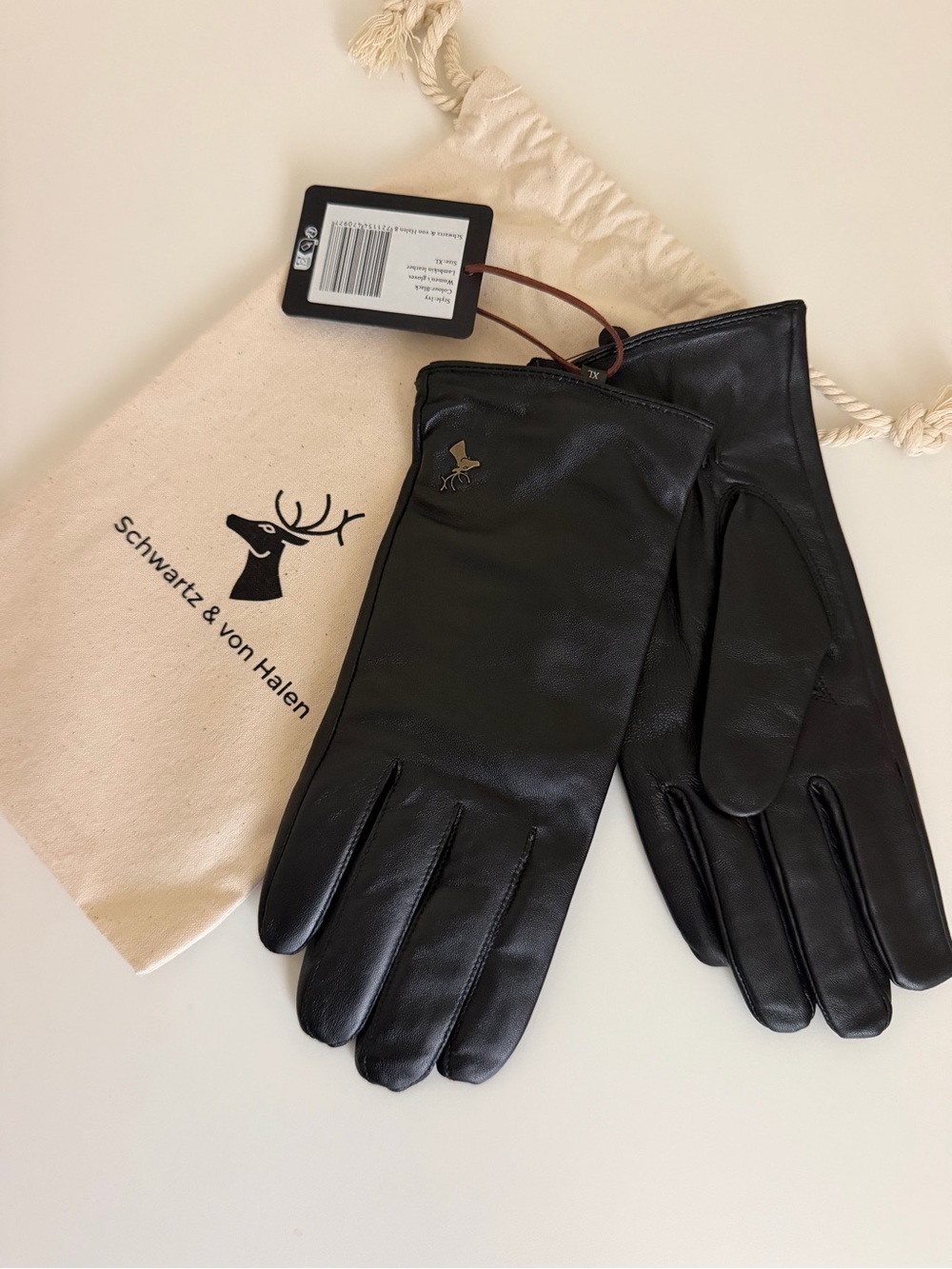 Women's Black Leather Gloves with Logo Accent